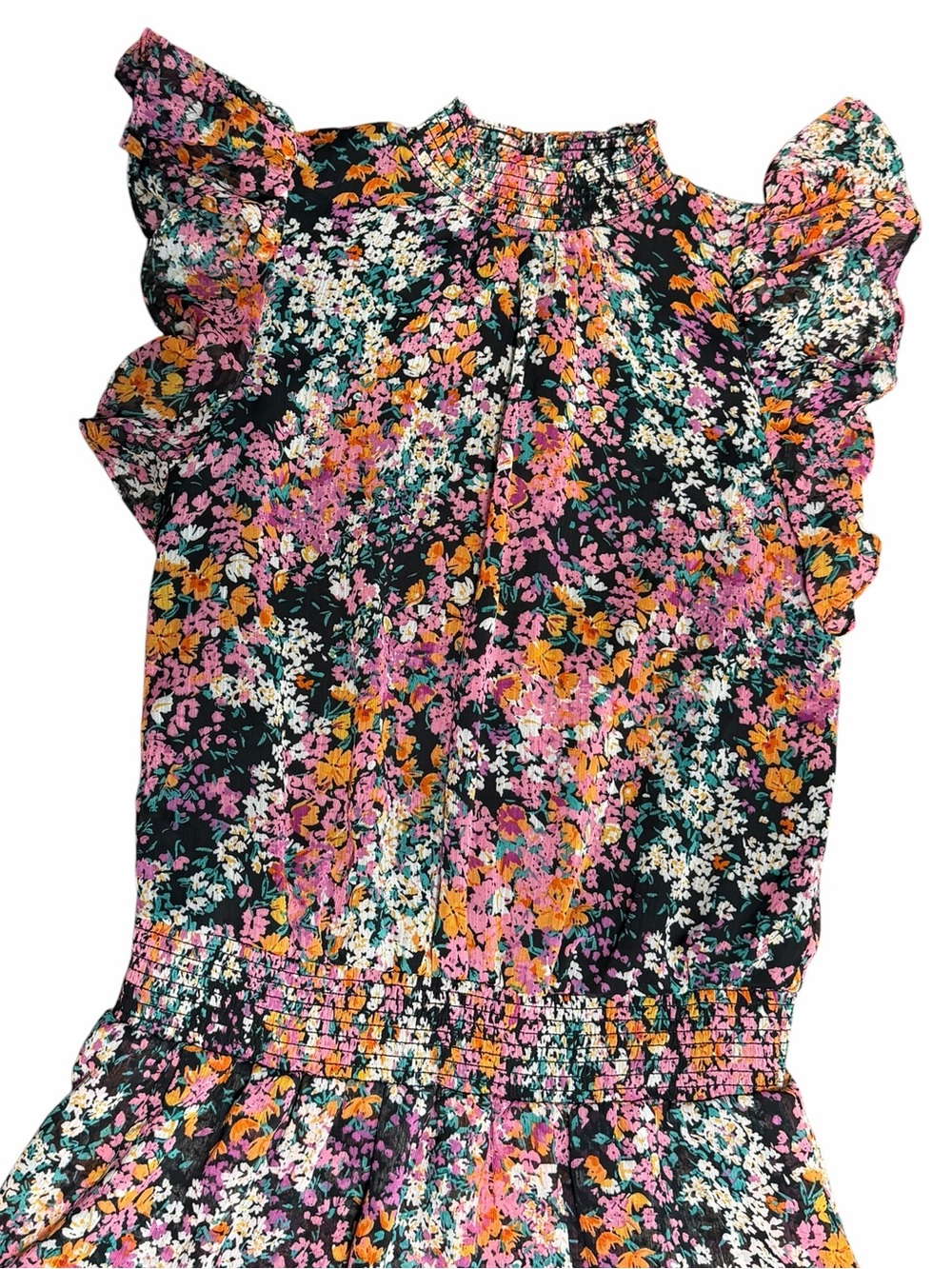 1.STATE Floral Smocked Mock Neck Ruffle Sleeve Mini Dress Black Pink Size Small - Picture 4 of 9